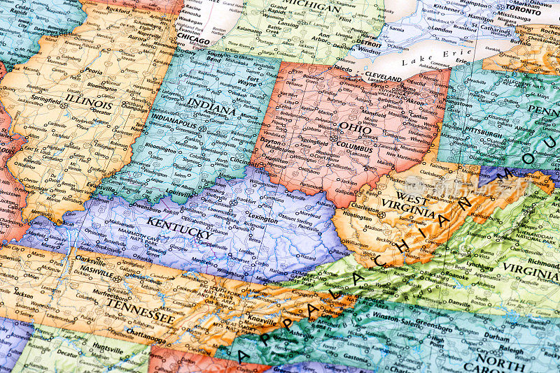 俄亥俄，印第安纳，西弗吉尼亚，肯塔基州的地图