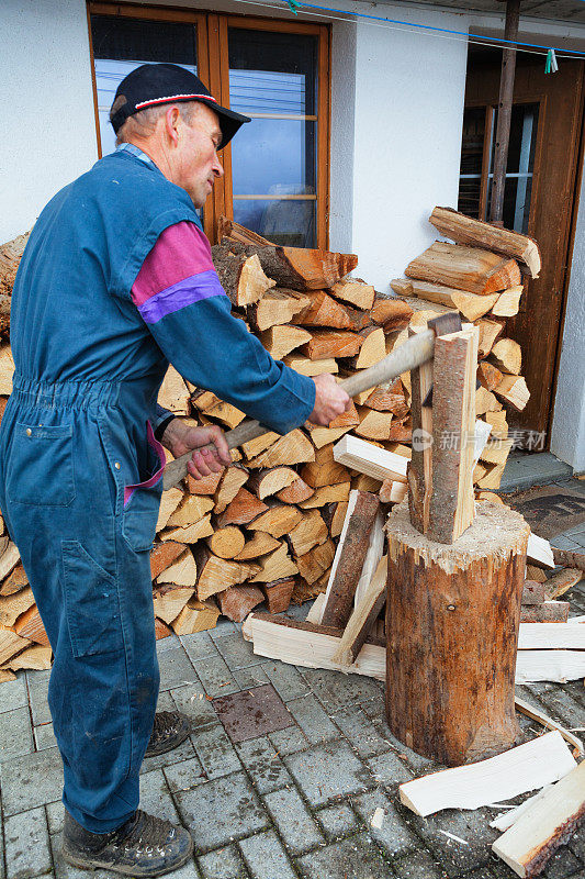 瑞士农夫在为冬天砍柴
