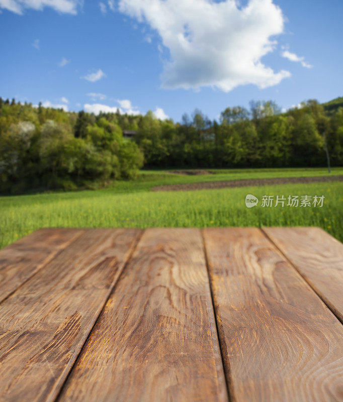 木制的野餐桌映衬着绿色的景色