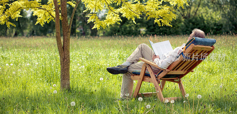老人躺在树下草地上的椅子上看书