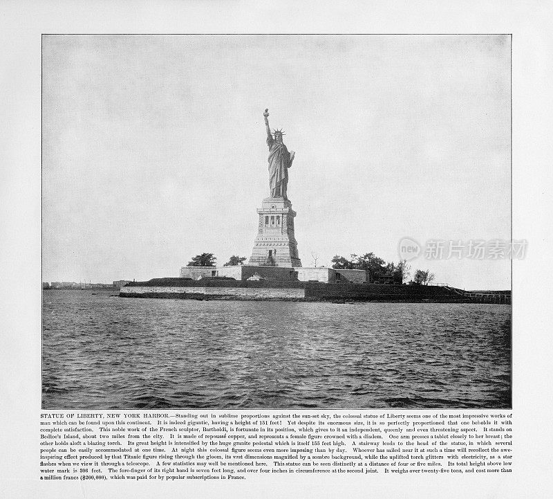 美国古董照片:自由女神像，纽约港，美国，纽约，1893