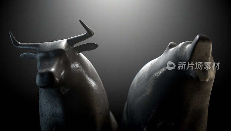 两个金属铸件描绘了一个形象化的牛市和一个戏剧性的熊市，代表了金融市场的趋势