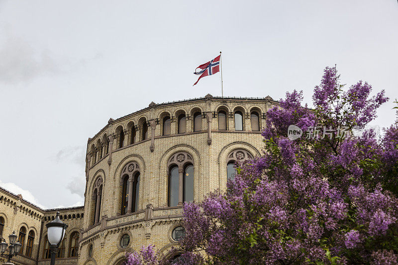 5月初，挪威议会大楼屋顶上插着国旗。