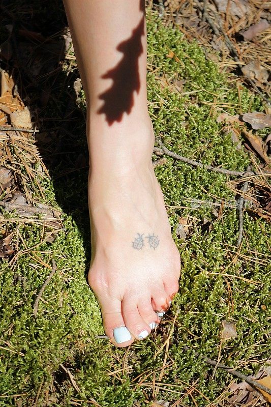 女人的腿在苔藓上。