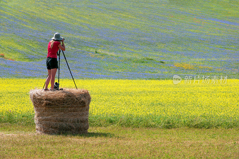 摄影师戴着帽子，穿着红衫，站在贝尔，Castelluccio，意大利