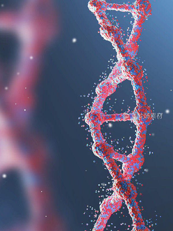 蓝色背景下红色DNA链的特写
