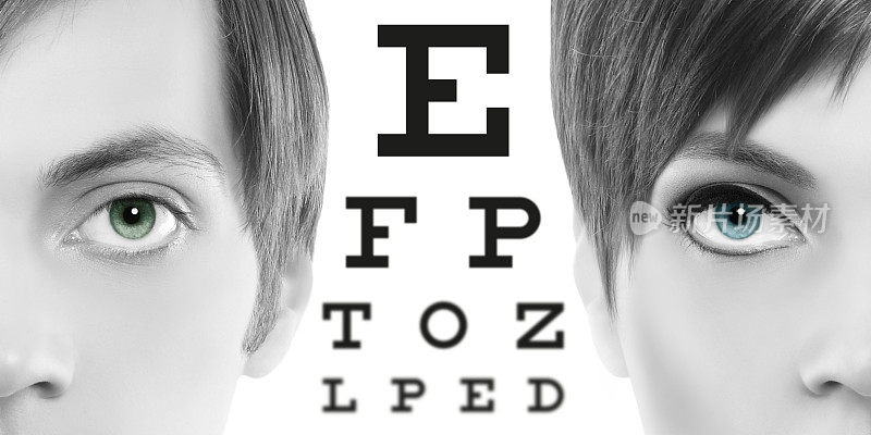 蓝色眼睛近距离的视觉测试表，视力和眼睛检查概念在白色背景
