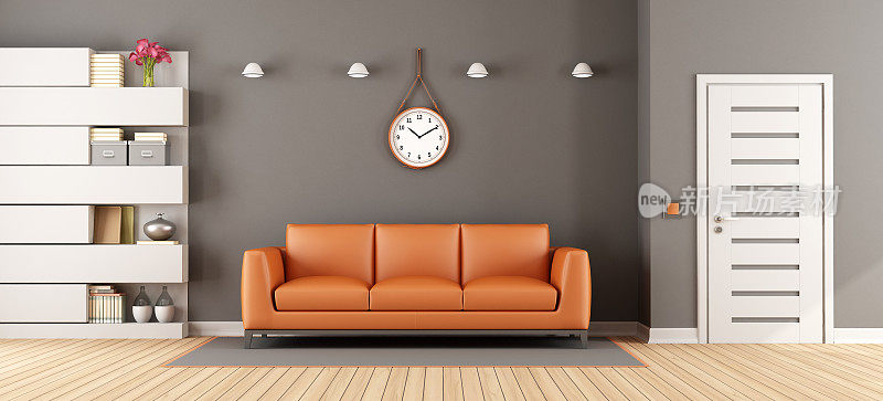灰色的客厅，橙色的沙发