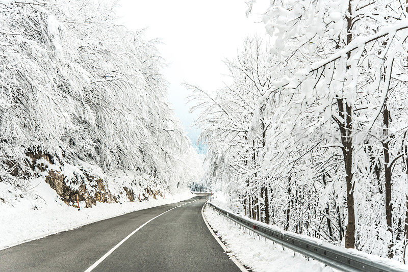 空旷的道路穿过白雪覆盖的景观