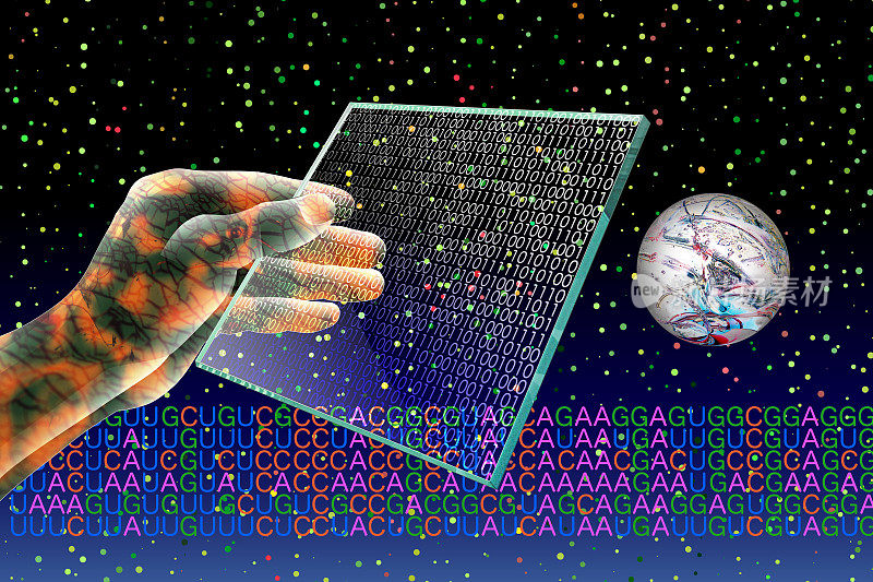 基因重组和纳米技术。机器人的手有一个玻璃晶片。监视器显示一个二进制代码。背景是分子、细胞和mRNA的基码和荧光标记。
