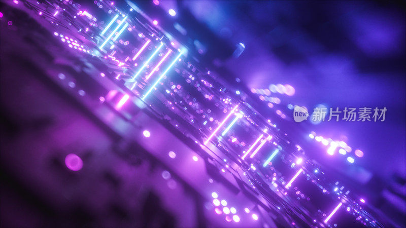 明亮的现代未来主义外星人反射混凝土走廊隧道空房间紫色和蓝色霓虹灯六角形地板背景3D插图