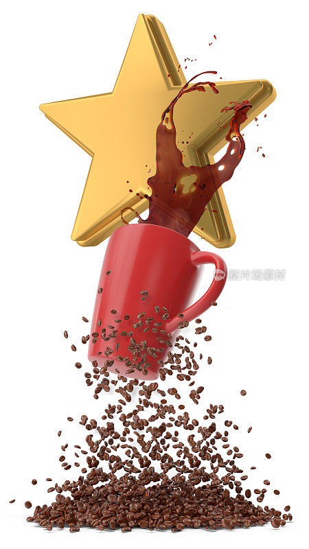 3D溅咖啡在红色的杯子和咖啡豆物体上孤立的白色与金星。