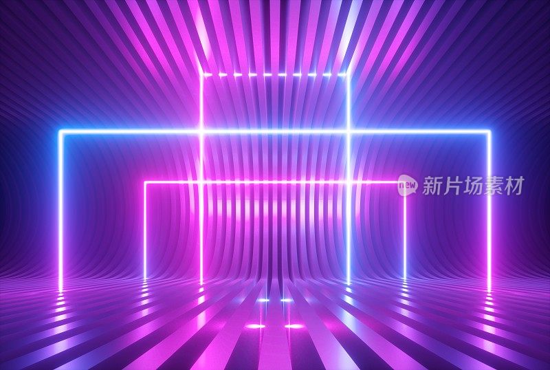 3d渲染，粉蓝紫霓虹灯抽象背景与发光的方形形状，紫外线，激光表演舞台，地板反射，矩形框架门