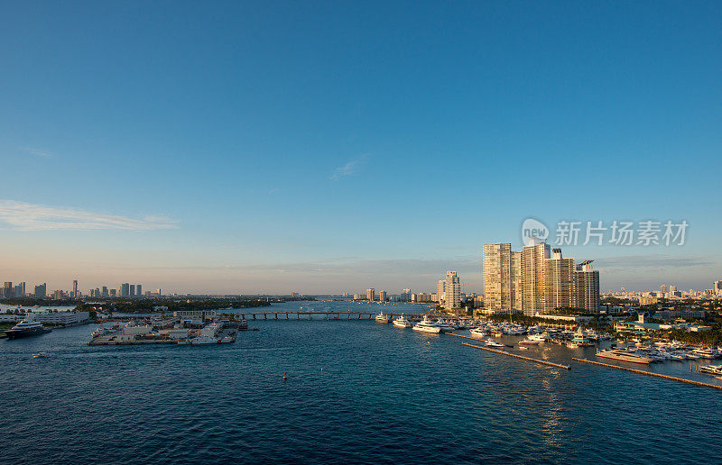 傍晚阳光下迈阿密港的迈阿密天际线