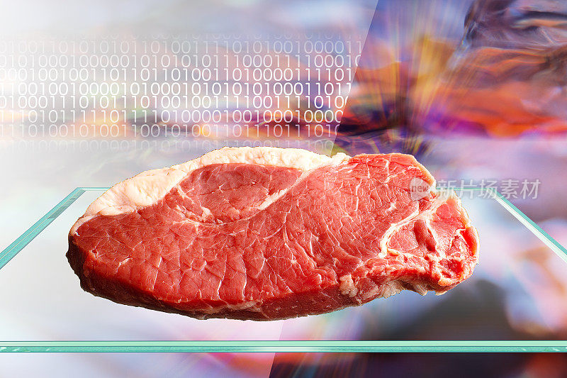 牛排人造肉放在玻璃盘子上。背景是二进制代码和单元图像。