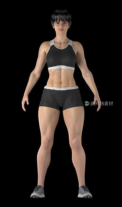 健身女性，站着，显示一个运动员的身体，在黑色的背景
