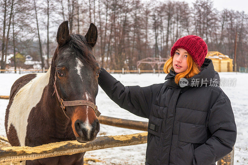 一个红发少女在雪天的牧场拍马。冬天周末在农场，去乡下旅行。健康的生活方式，积极的休闲，真实的时刻