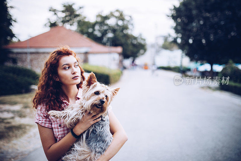 美丽的年轻女孩和她的约克夏梗犬