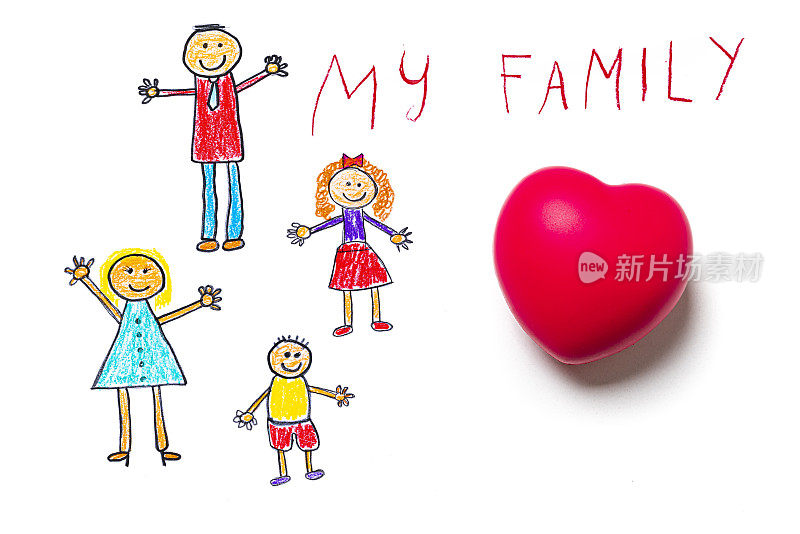 儿童用心形和文字画出一个幸福家庭的风格