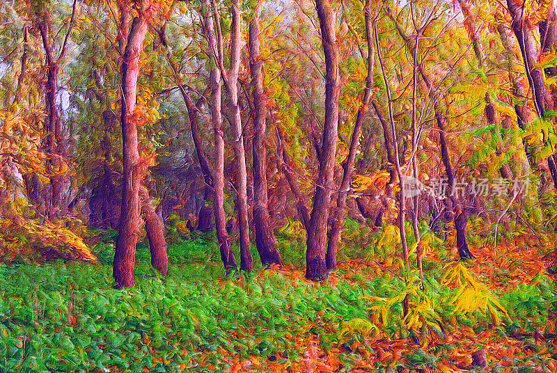 描绘春天森林的油画山水画