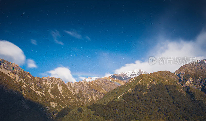 山岳国家公园夜景，景观，雾和银河的自然条件