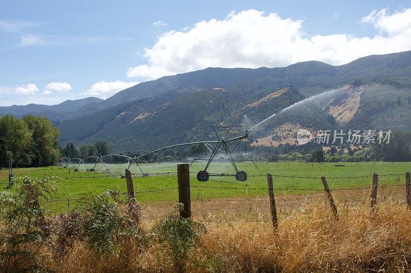 水灌溉在农村夏季农场场景，新西兰