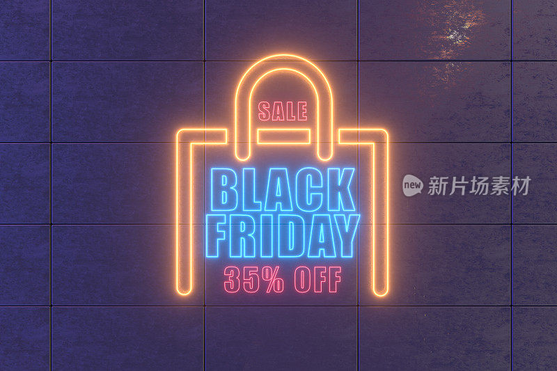 黑色星期五减价35%，购物袋，黑色方块墙上的霓虹灯标志