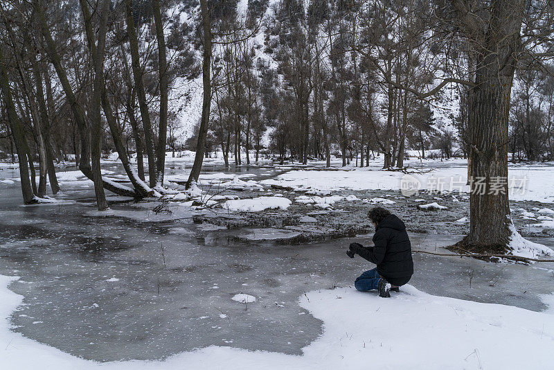 摄影师拍摄森林和雪景的照片