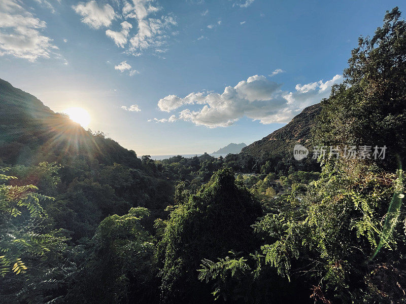 视野横跨森林山谷和山脉到大海