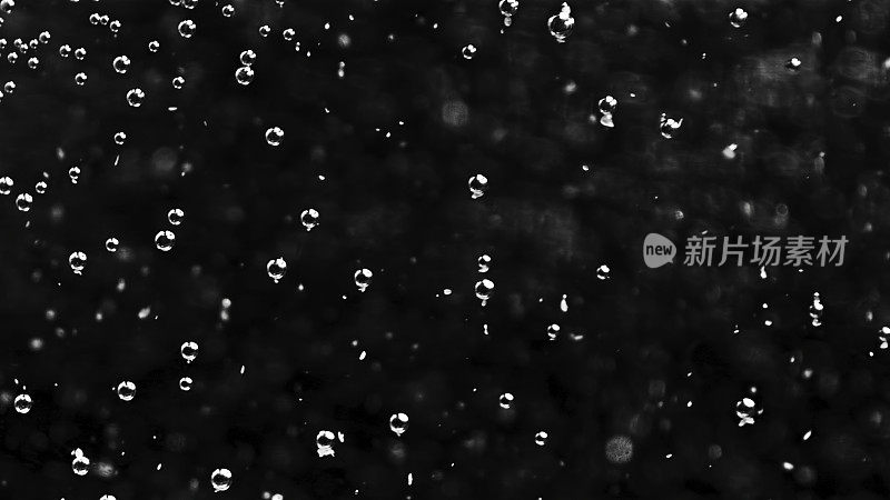 透明的圆形气泡在黑色背景下在水下流动，无缝循环。资料片。小气泡慢慢移动的特写。