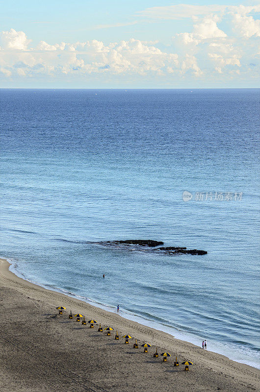 大西洋海滩上一字排开的彩色沙滩伞