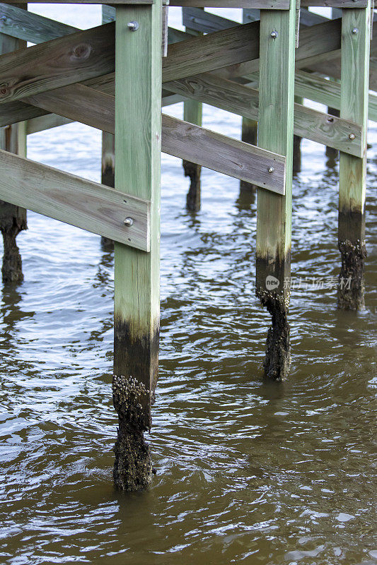 海水中严重腐烂的木板上的支撑柱