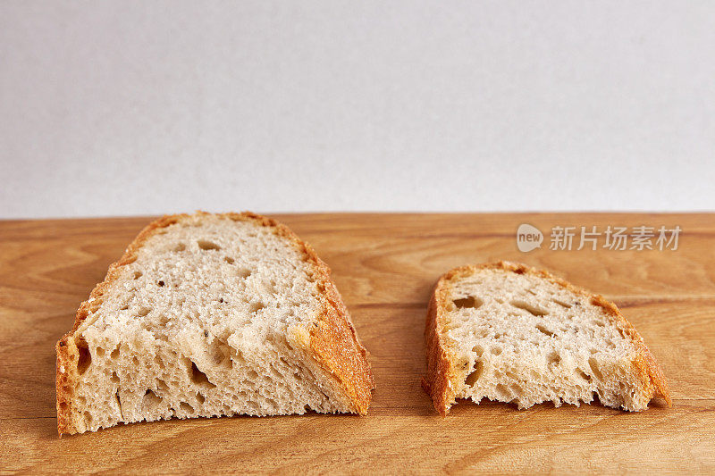 两片面包，一块大一点，一块小一点，放在木桌上。粮食危机。面包和食品价格上涨。