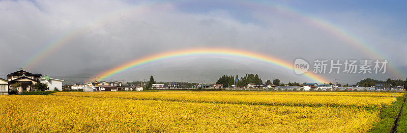 一个充满活力的双彩虹在农村广阔的全景