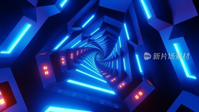 飞行在抽象旋转科幻隧道3d渲染。未来的VJ运动图形的音乐视频，EDM俱乐部音乐会，高科技的背景。传送门，光速超空间概念