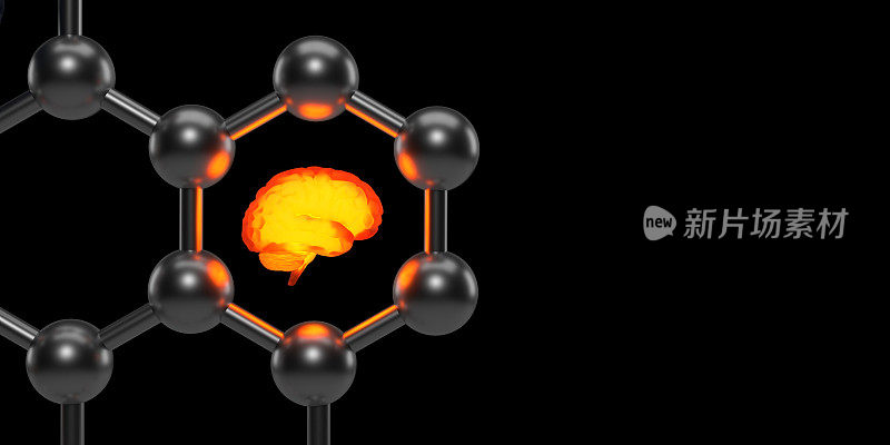 明亮的大脑在六角形球体中，黑色的表面特写