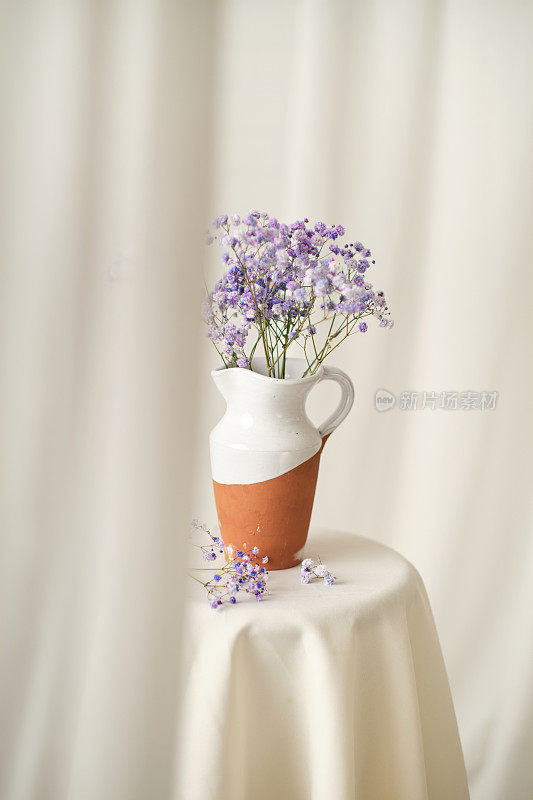 静物画的窗帘与紫色野花的坛子