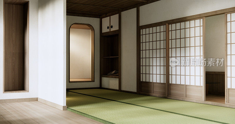 架子空门上的墙壁与榻榻米地板设计日本风格。