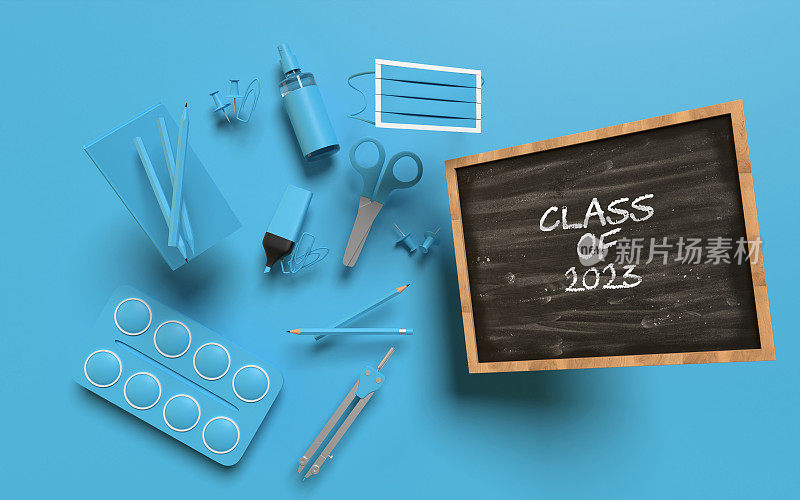 回到学校2023概念班，蓝色背景黑板上的蓝色学校设备