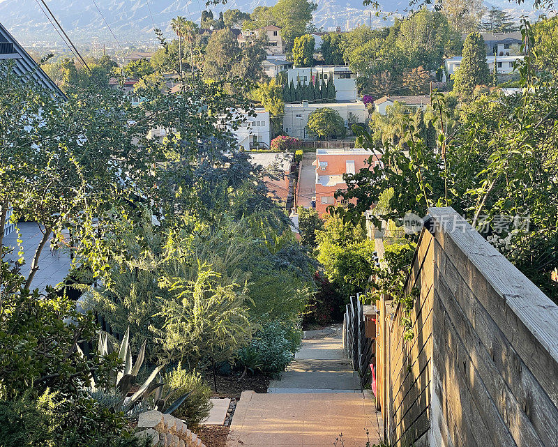 银湖，住宅区的公共楼梯，可以看到下面的房子，洛杉矶，加州