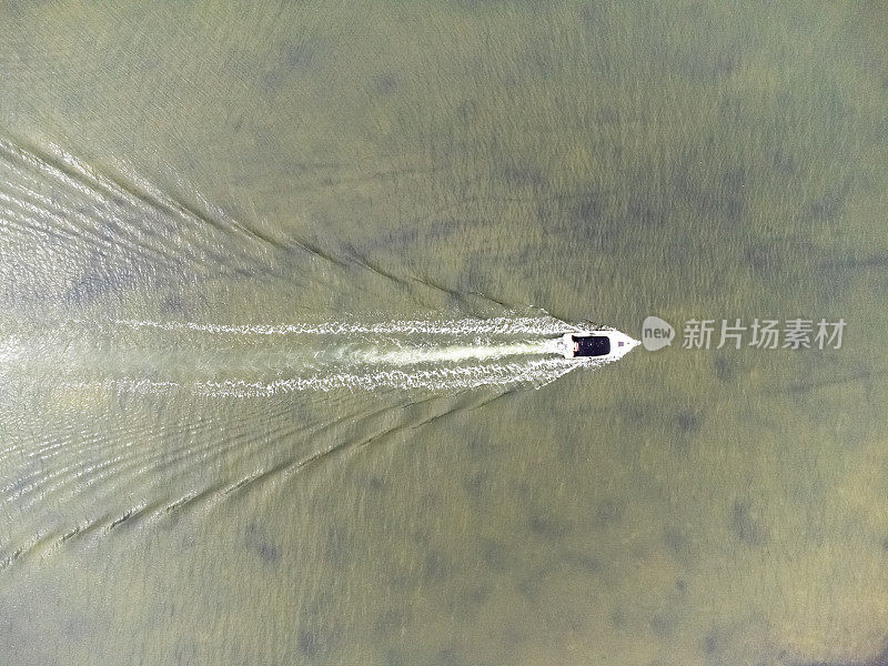 航拍快艇行驶在河流上，背景与复制空间