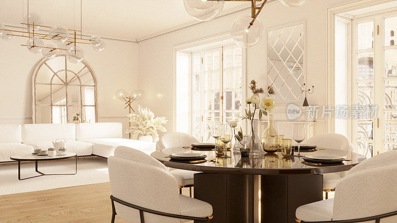优雅的法式客厅室内设计。3D效果图。