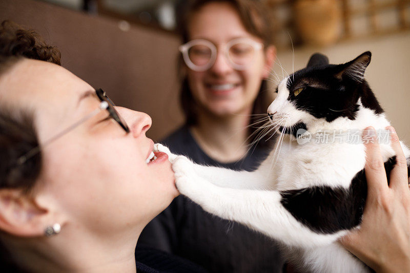 女人抱着一只猫，它的爪子在她的脸上