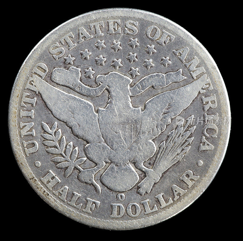 在新奥尔良铸造的1903年理发师自由头像半元硬币的背面严重磨损。
