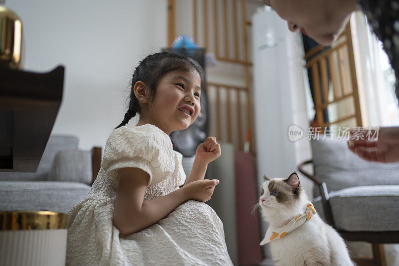 母亲和女儿照顾他们的宠物猫