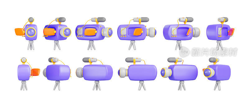 3d渲染图标集的视频摄像机旋转。卡通孤立紫橙电影摄影机带麦克风标志电影制作或电视。动画与序列旋转元素的游戏
