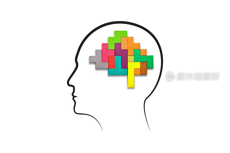 心理健康概念。人类的大脑是由白色背景上的彩色木块组成的。