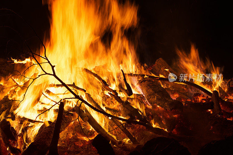 晚上篝火中的原木和树枝