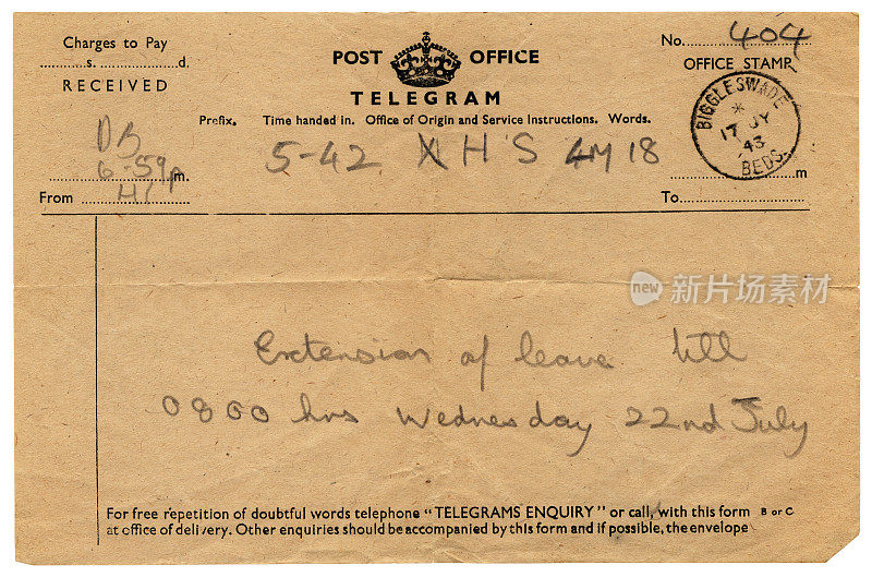 英国军人电报延期，1943年