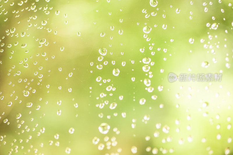 雨点落在玻璃窗上。绿色背景。